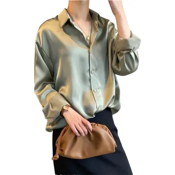 Dámská halenka Elegantní dámská halenka z jemného saténu s dlouhým rukávem Volná košile s límečkem Stylový top na knoflíky do práce i na večer zelená XXL