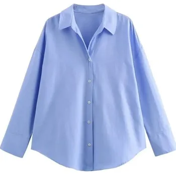 Dámská košile Elegantní dlouhá dámská košile s límečkem a knoflíky Dlouhý střih s dlouhým rukávem Stylová halenka do práce i pro volnočasové nošení modrá S
