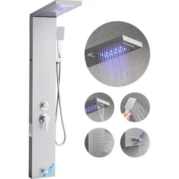 Sprchový set Sprchový panel VEVOR s věžovým systémem a sprchovou hlavicí s dešťovým vodopádem, LED, sprchový sloup z kartáčované nerezové oceli 53 palců, 5funkční baterie, nástěnný masážní systém s dešťovou sprchou, s ručním ovládáním, vanový výtok