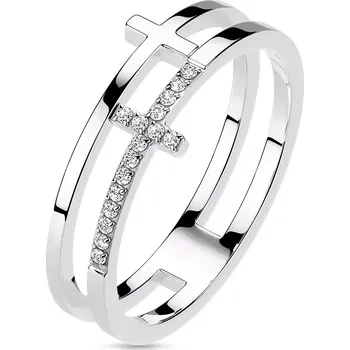 Prsten Prsten z nerezové oceli - hladký a zirkonový kříž, stříbrná barva - Velikost: 54