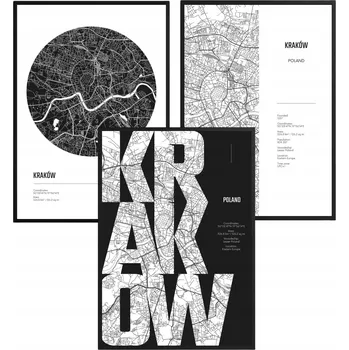 Obraz Sada 3 Plakátů Krakov Mapa Černobílé Loft Do Obýváku Obrazy V Rámech