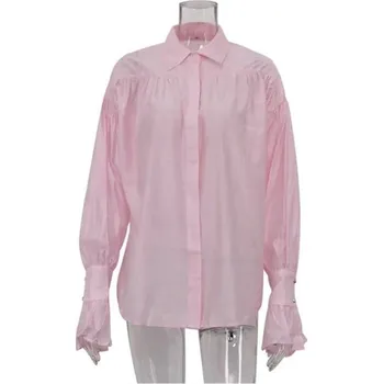 Dámská halenka Dámská volná průsvitná halenka s límečkem Dlouhý rukáv Volánkové rukávy Lehký vzdušný materiál Elegantní styl pro léto i volný čas růžová M