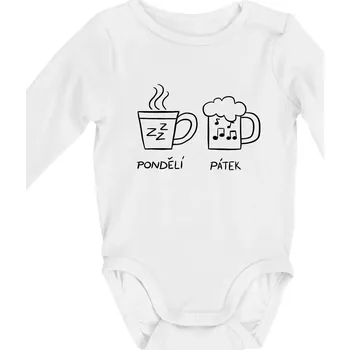 Kojenecký body Pondělí Pátek - Kafe Pivo - Body kojenecké s dlouhým rukávem - Dlouhý r. do 3 měs ( Bílá )