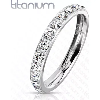 Prsten Titanový prsten ve stříbrné barvě - kulaté blýskavé zirkony, 3 mm - Velikost: 56