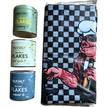 Dárkový potravinový koš FALKSALT Zvýhodněná dárková sada mořské vločkové soli Falksalt se zástěrou