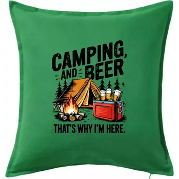 Polštář Černý nápis nápis Camping and beer - Polštář 50x50 - 50x50 - Včetně výplně ( Středně zelená )