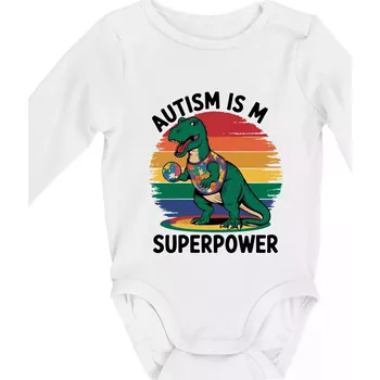 Dinousarus a puzzle Autism is my superpower - Body kojenecké s dlouhým rukávem - Dlouhý r. do 3 měs ( Bílá )