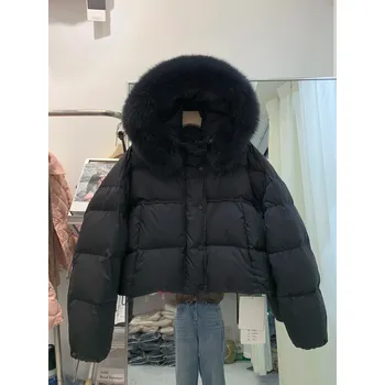 Dámská parka Krátká péřová bunda s kapucí a pravou kožešinou Barva: Černá, Velikost: M