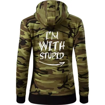 Dámská mikina Iam with stupid - Dámská mikina trendy zipper s kapucí - S ( Zelený maskáč )