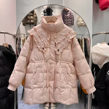 Dámská parka Zimní bunda pro ženy s páskem a stahovací šňůrkou Barva: Růžová, Velikost: S