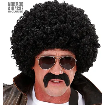 Karnevalová paruka Pánská černá kudrnatá afro paruka s knírem a brýlemi