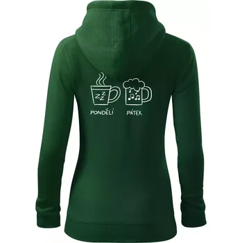 Dámská mikina Pondělí Pátek - Kafe Pivo - Dámská mikina trendy zipper s kapucí - 2XL ( Lahvově zelená )