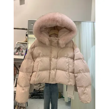 Dámská parka Krátká péřová bunda s kapucí a pravou kožešinou Barva: Růžová, Velikost: S