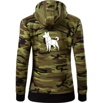 Dámská mikina Origami pes z boku - Dámská mikina trendy zipper s kapucí - XS ( Zelený maskáč )