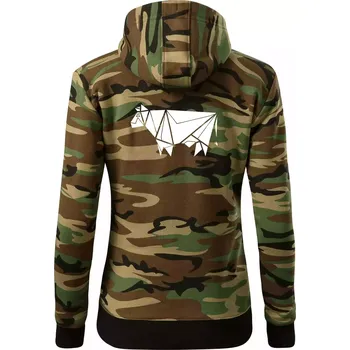 Dámská mikina Origami kráva z boku - Dámská mikina trendy zipper s kapucí - XS ( Hnědý maskáč )