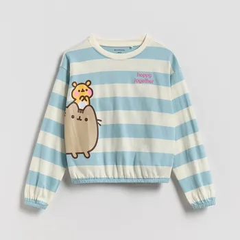 Dívčí oblečení Reserved - Pruhovaná halenka Pusheen - bleděmodrá - 340FT-05X - 340FT-05X-146