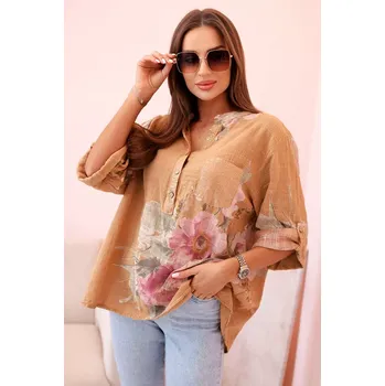 Dámská halenka Kesi Włoski Dámská blůza z bavlny s květinovým vzorem a knoflíky - camelová Kesi Włoski oranžová 3283796