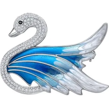 Brož Stříbrná brož labuť se zirkony a smaltem STRB029F+ Dárek zdarma