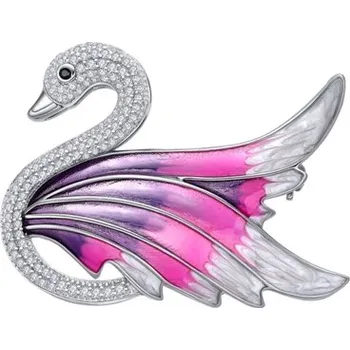 Brož Stříbrná brož labuť se zirkony a smaltem STRB030F+ Dárek zdarma