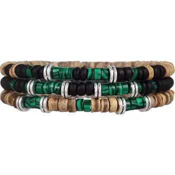 Náramek B-TOP Sada 3 pánských náramků z kokosových, zelených kamenných a stříbrných korálků