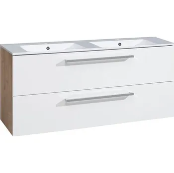 Koupelnový nábytek EBS Pure Skříňka s keramickým dvojumyvadlem slim 121 cm, bílá/dub