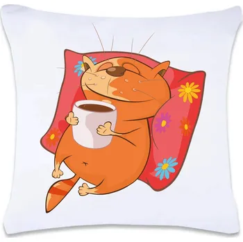 Dekorativní polštářek DOBRÝ TRIKO Polštář s potiskem 40 x 40 cm Kočka se šálkem Oboustranný tisk: NE