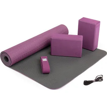 podložka na cvičení BODHI Jóga set FLOW, fialová/šedá (1 x podložka na jógu, 2 x jógové bloky, 1 x jógový pás)