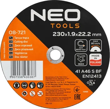 Řezný kotouč NEO TOOLS Řezné kotouče na kov/INOX 230 x 1,9 x 22,2 mm, 41 A46-S-BF, 25 ks v kartonu. Vyrobeno v PL 08-721