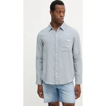 Pánská košile Bavlněná košile Calvin Klein Jeans pánská, modrá barva, regular, s klasickým límcem, LV04RC706G 05J, vel. XS