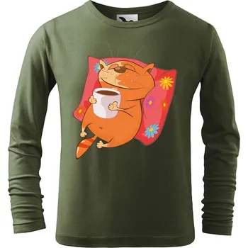 Dětská móda DOBRÝ TRIKO Dětské bavlněné triko Kočka se šálkem Velikost: 158/12 let, Barva: Khaki