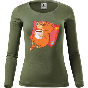 Dámské oblečení DOBRÝ TRIKO Dámské bavlněné triko Kočka se šálkem Velikost: M, Barva: Khaki