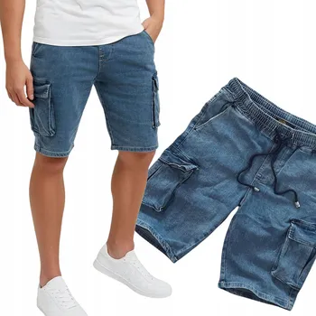 Krátké pánské džínové Kraťasy modré KAPSÁČE s gumou v pase, krátké XL