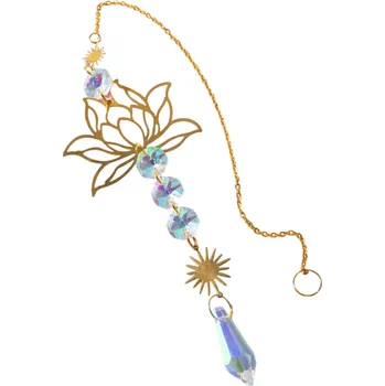 Závěsný lapač slunce 43 cm s krystaly a lotosovým květem Duhový odlesk Dekorace do okna Feng Shui meditační styl zlatá