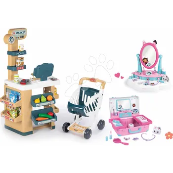 Hra na obchod Set obchod a kosmetický kufřík Market Smoby s elektronickým skenerem a stolek Gabby s kosmetikou a bižuterií