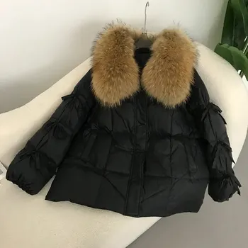 Dámská parka Zimní péřová bunda s kožešinovým límcem a mašlí Velikost: M, Barva (Varianta): black natural