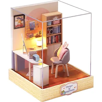 Dřevěná hračka Dřevěný domeček pro panenky 11,5 x 9 x 9 cm DIY model Miniaturní stavebnice s nábytkem a krytem na prach Ručně sestavitelný dárek