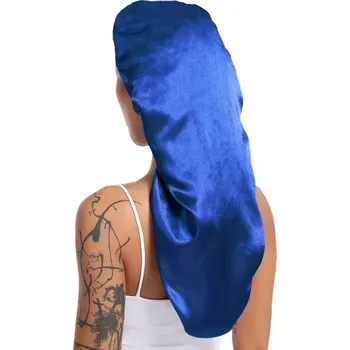 Sprchovací čepice Dlouhá saténová spací čepice 30 x 66 cm Hedvábná čepice na noc pro ženy s kudrnatými vlasy, dredy a copánky Univerzální velikost 50–66 cm modrá