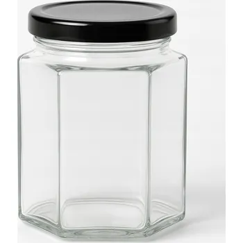 Sklenice Šestihranná Zavařovací Sklenice 280 ml + černý šroubovací víčko 6 3/4 - 20 ks