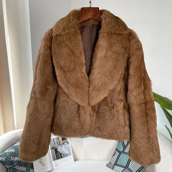 Dámský kabát Dámský huňatý kabát z přírodní králičí kožešiny Barva: Světle Hnědá, Velikost: S