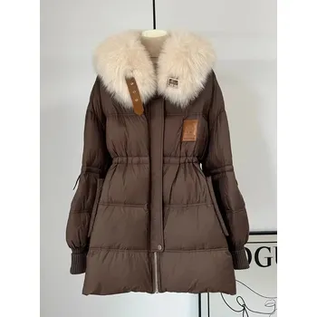 Dámská parka Dámská zimní bunda s pravou liščí kožešinou Barva: Hnědá, Velikost: M