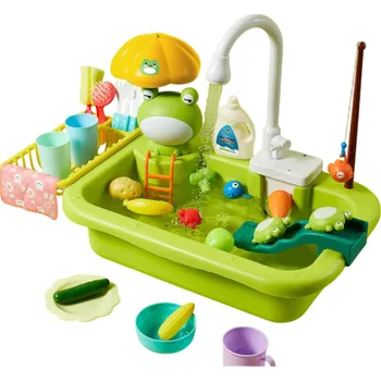Dětská kuchyňka Dětský kuchyňský dřez 51 x 30 x 33 cm Elektrická myčka nádobí Hračka s tekoucí vodou Žába Hraní rolí Rybaření Dívčí kuchyňka