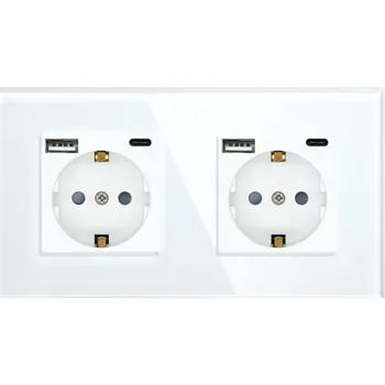 Elektrická zásuvka Bílá dvojitá elektrická zásuvka typu F s USB a USB-C portem Montážní rámeček Nabíjení zařízení Zásuvkový panel do zdi