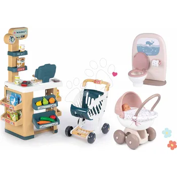 Kočárek pro panenku Set obchod a záchod s koupelnou pro panenky Market Smoby s elektronickým skenerem a hluboký kočárek s přikrývkou