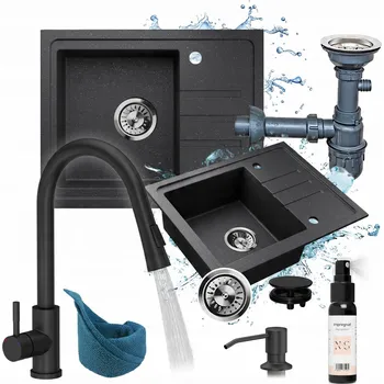 Granitový dřez Granitový dřez černý set: dřez sifon baterie dávkovač odkapávač
