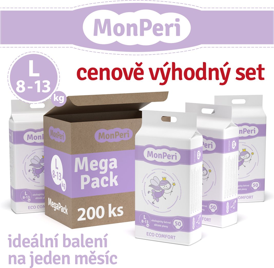 MonPeri Eco Comfort Mega Pack L 8–13 kg - 200 ks EKO Jednorázové dětské plenky (velikost 4)