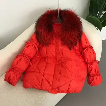 Dámská parka Zimní péřová bunda s kožešinovým límcem a mašlí Velikost: M, Barva (Varianta): full orange