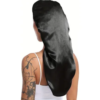 Sprchovací čepice Dlouhá saténová spací čepice 30 x 66 cm Hedvábná čepice na noc pro ženy s kudrnatými vlasy, dredy a copánky Univerzální velikost 50–66 cm černá