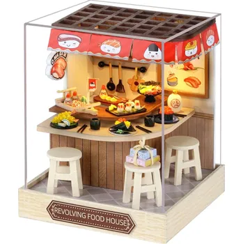 Dřevěná hračka Dřevěný domeček pro panenky 11,5 x 9 x 9 cm miniaturní DIY stavebnice 3D puzzle s nábytkem a krytem na prach Ruční model