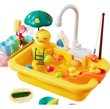 Dětská kuchyňka Dětský kuchyňský dřez 51 x 30 x 33 cm Elektrická myčka nádobí Hračka s tekoucí vodou Žlutá kachna Rybaření Jídlo Hraní rolí Dárek