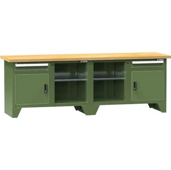 Dílenský stůl Dílenský modulární stůl, deska - multiplex, 2500 x 700 mm, 2 x zásuvka, 2 x skříňka, barva zelená RAL6011